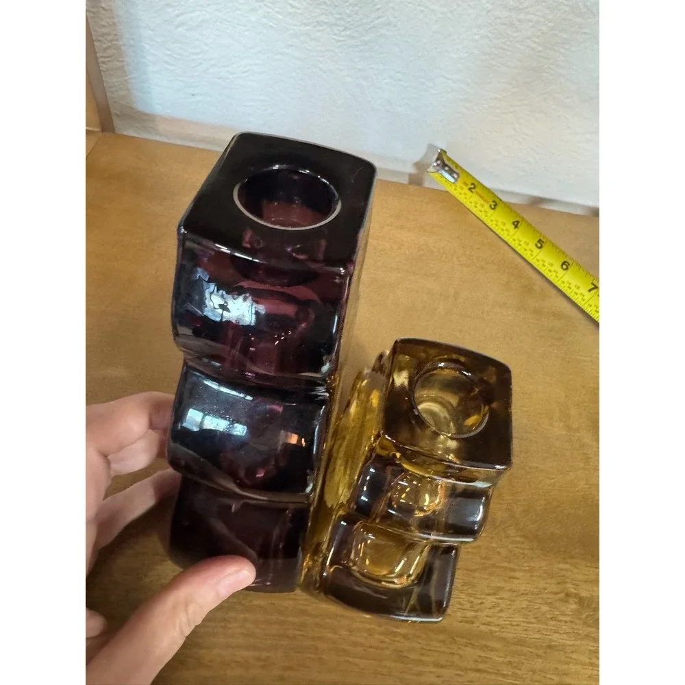 Threshold Large Wavy Taper Candle‎ Holder Set Plum Amber Glass